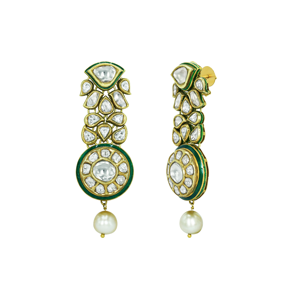 Polki Earrings with Green Enamel Work and Pearl Drop